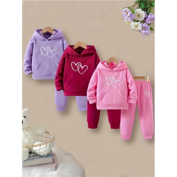 3 Sets Autumn And Winter Love Pattern Hooded Swearshirt and Pants for 2-3 Girl - Picture 1 of 9